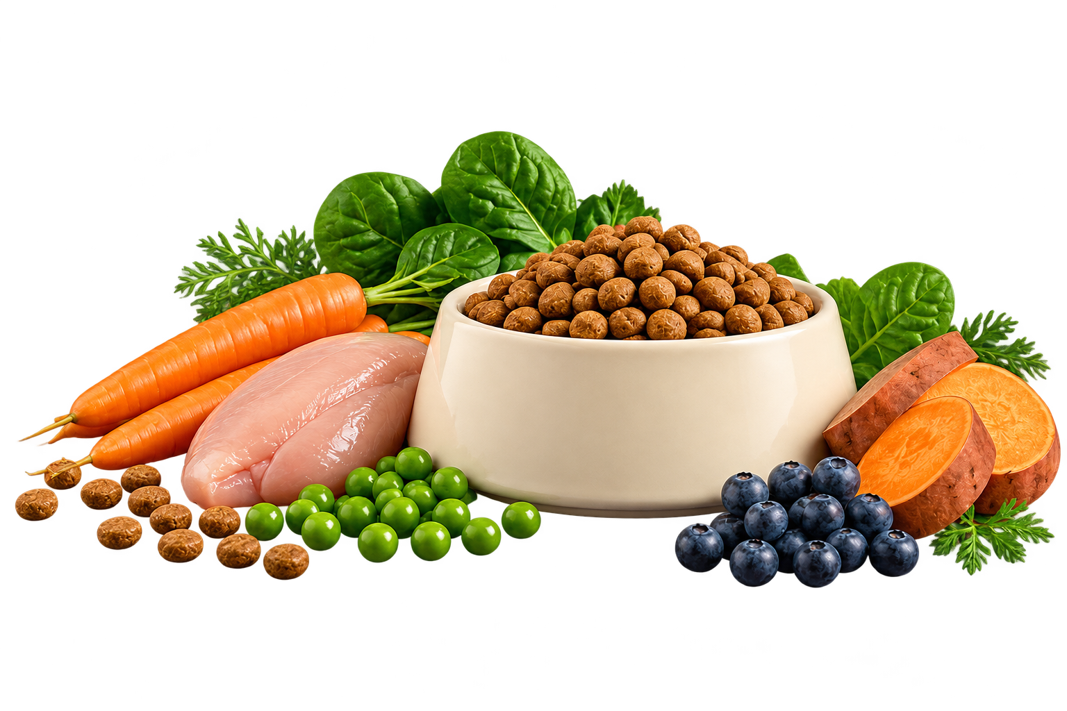 Wholesome pet bowl composition with kibble, carrots, chicken, peas, sweet potatoes, and blueberries